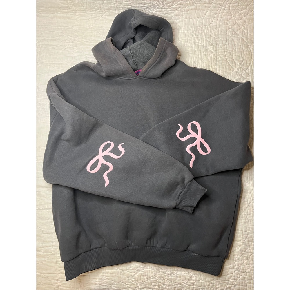 Edikted Pink Ribbon Bow Sleeve Hoodie Dark Gray Washed Black Oversized XL